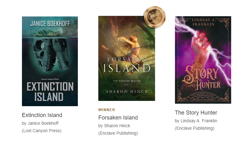 Book covers for Christy Awards - Speculative Fiction - 2021
Forsaken Island (Winner)
Extinction Island (finalist)
The Story Hunter (finalist)