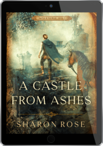 Book cover of A Castle from Ashes.. Medieval man amidst castle ruins and mist. 