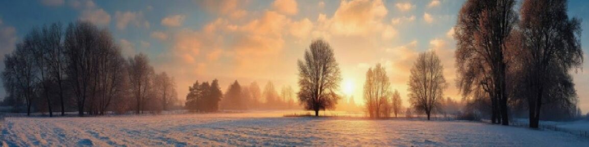 Sunrise over a snowy field with trees.